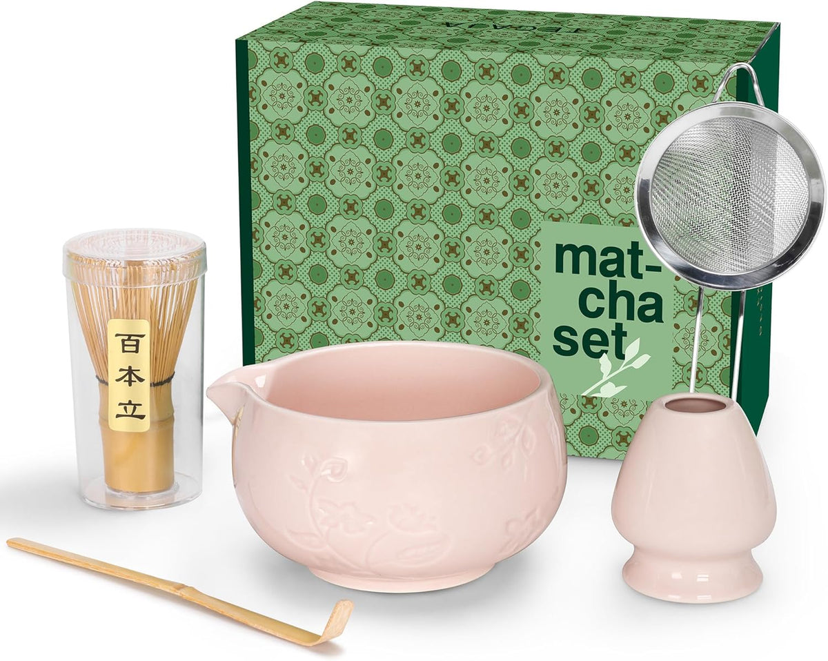 Matcha Whisk Set, Ceramic Matcha Set Includes Matcha Bowl, Matcha Whisk and Holder, Bamboo Scoop, Sifter 5 Pcs Matcha Kit for Matcha Lovers (Light Pink)