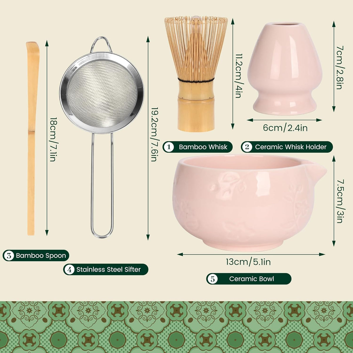 Matcha Whisk Set, Ceramic Matcha Set Includes Matcha Bowl, Matcha Whisk and Holder, Bamboo Scoop, Sifter 5 Pcs Matcha Kit for Matcha Lovers (Light Pink)