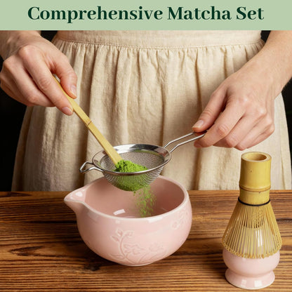 Matcha Whisk Set, Ceramic Matcha Set Includes Matcha Bowl, Matcha Whisk and Holder, Bamboo Scoop, Sifter 5 Pcs Matcha Kit for Matcha Lovers (Light Pink)