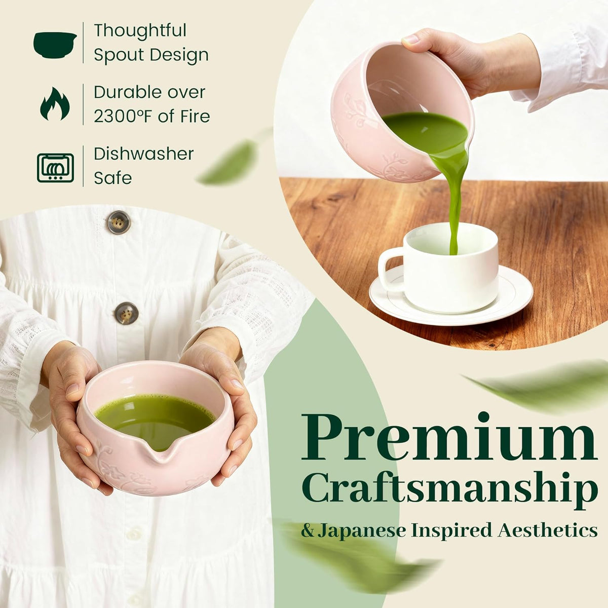 Matcha Whisk Set, Ceramic Matcha Set Includes Matcha Bowl, Matcha Whisk and Holder, Bamboo Scoop, Sifter 5 Pcs Matcha Kit for Matcha Lovers (Light Pink)