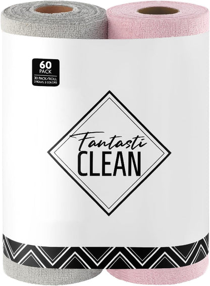 Microfiber Cleaning Cloth Roll- 60 Sheets,12"x12"(Pink, Grey)