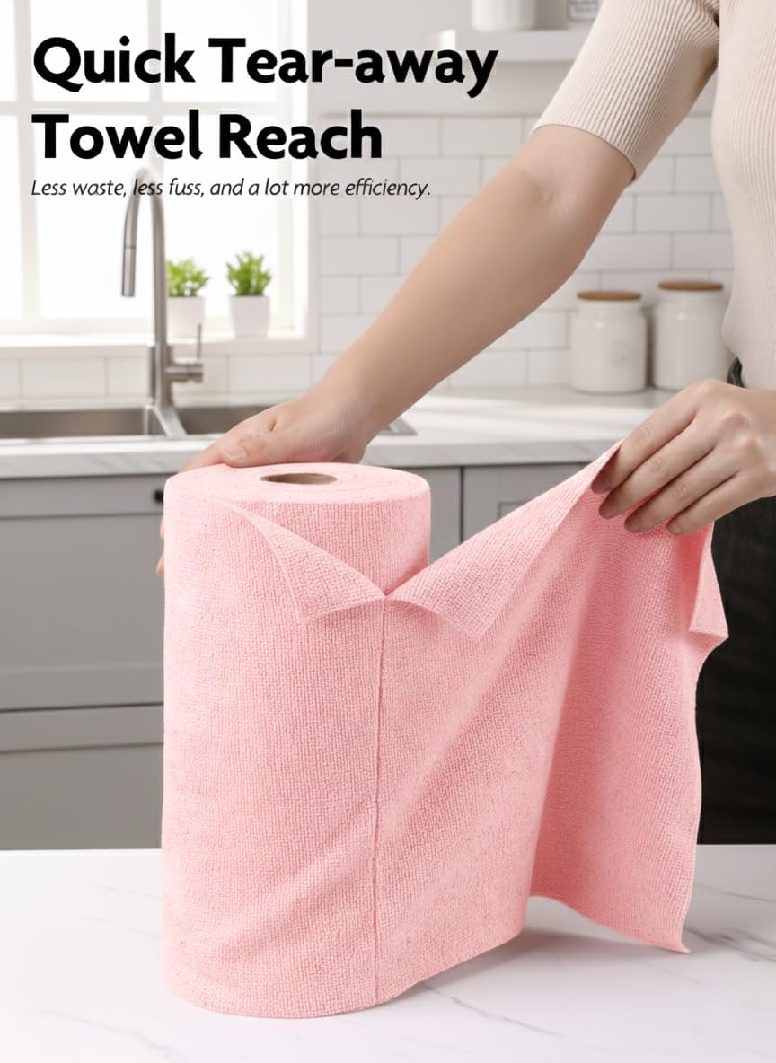 Microfiber Cleaning Cloth Roll- 60 Sheets,12"x12"(Pink, Grey)
