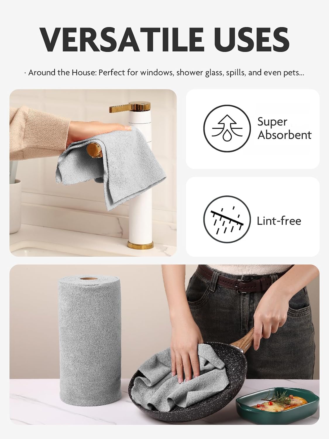 Microfiber Cleaning Cloth Roll- 60 Sheets,12"x12"(Pink, Grey)
