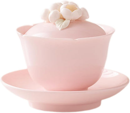 Pink Porcelain Gaiwan with Tray, White Floral Ceramic Sancai Teacup