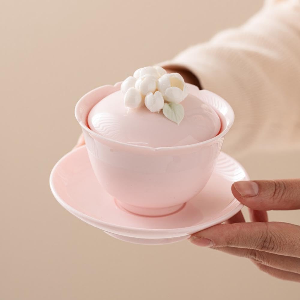 Pink Porcelain Gaiwan with Tray, White Floral Ceramic Sancai Teacup