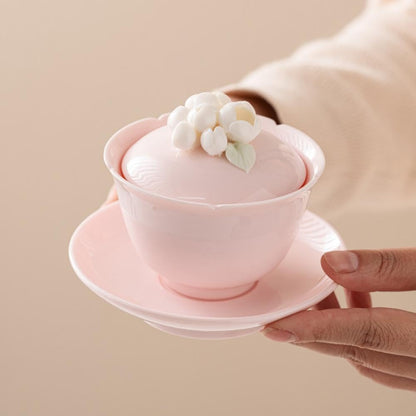 Pink Porcelain Gaiwan with Tray, White Floral Ceramic Sancai Teacup