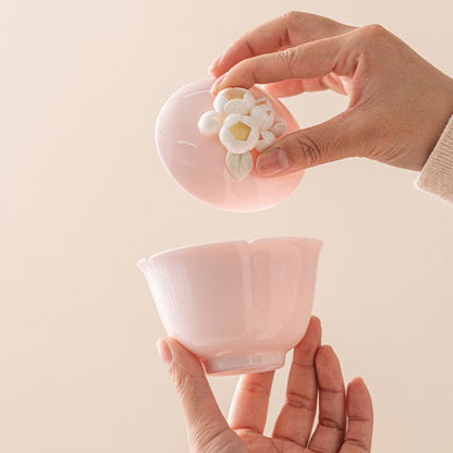 Pink Porcelain Gaiwan with Tray, White Floral Ceramic Sancai Teacup