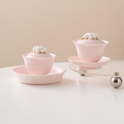 Pink Porcelain Gaiwan with Tray, White Floral Ceramic Sancai Teacup