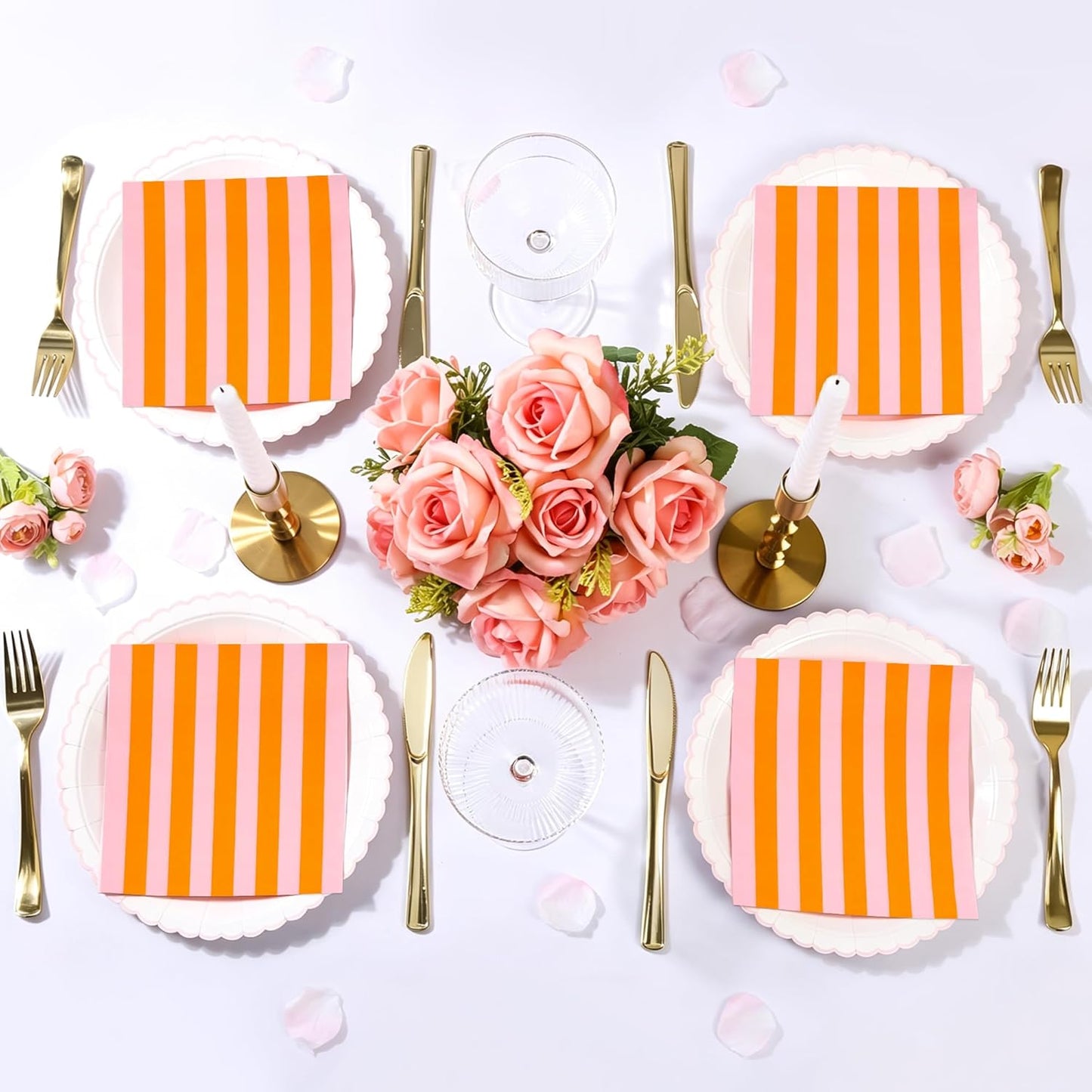 100Pcs Pink Orange Striped Disposable Paper Napkins 6.5in | Luncheon Cocktail Hand Towel Tequila Sunrise Bachelorette Tiki Summer Fruit Themed Party Supplies Table Decor