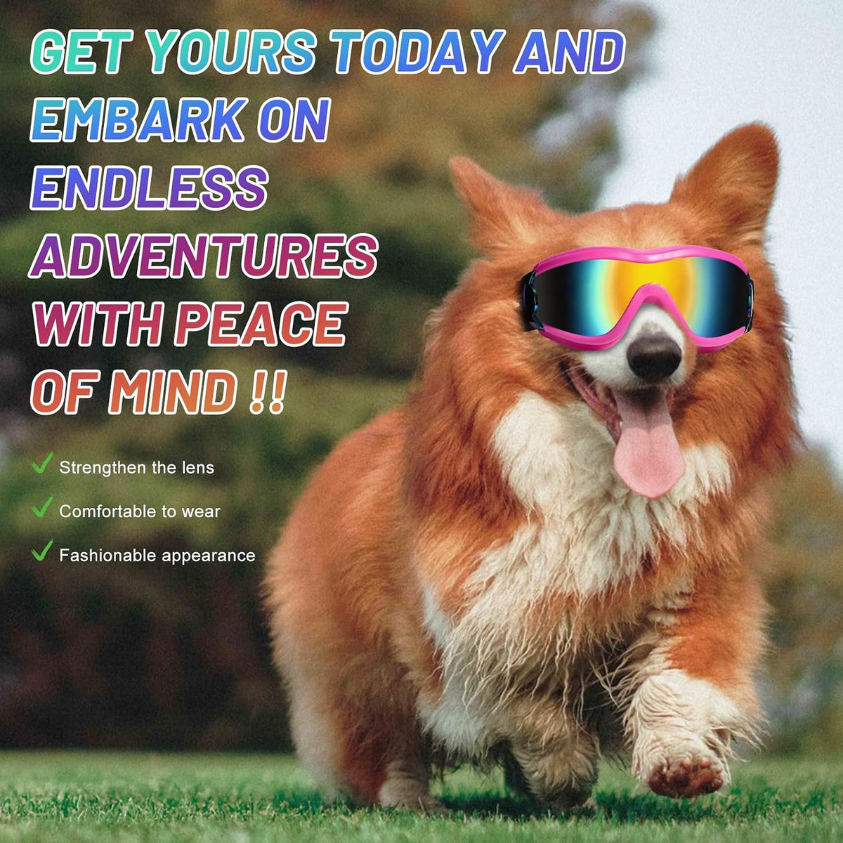 Dog Sunglasses Goggles, UV Wind Dust Fog Protection Pet Glasses Eye Wear Protection with Adjustable Strap for Medium or Large Dog (Pink)