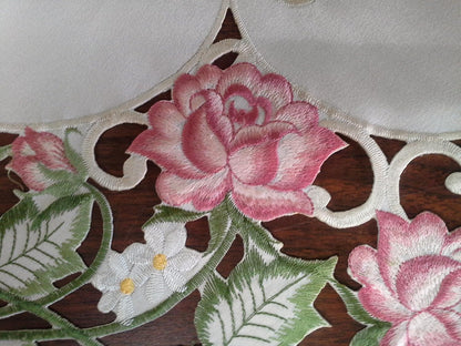 Table Runner Embroidered with Victorian Pink Roses on Ivory Material, Size 54 x 15 inches
