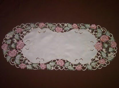 Table Runner Embroidered with Victorian Pink Roses on Ivory Material, Size 54 x 15 inches