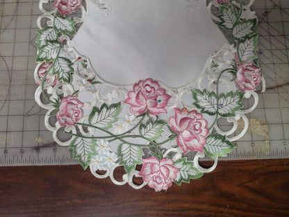 Table Runner Embroidered with Victorian Pink Roses on Ivory Material, Size 54 x 15 inches
