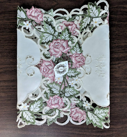 Table Runner Embroidered with Victorian Pink Roses on Ivory Material, Size 54 x 15 inches