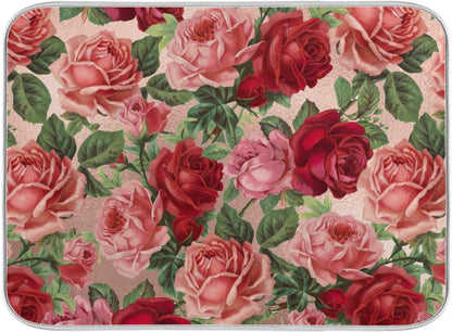 Dish Drying Mats, Kitchen Drying Mat, Absorbent Quick Drying Dish Mat Machine Washable 16 In x 18 In - Pink Red Roses Floral