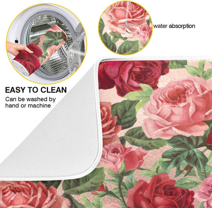 Dish Drying Mats, Kitchen Drying Mat, Absorbent Quick Drying Dish Mat Machine Washable 16 In x 18 In - Pink Red Roses Floral