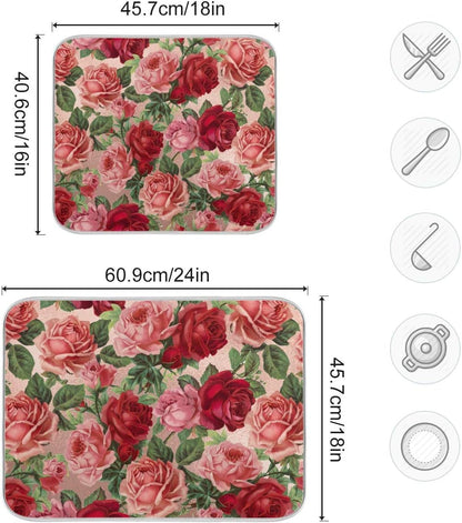 Dish Drying Mats, Kitchen Drying Mat, Absorbent Quick Drying Dish Mat Machine Washable 16 In x 18 In - Pink Red Roses Floral