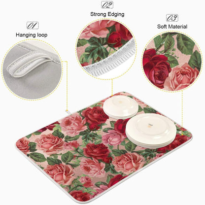 Dish Drying Mats, Kitchen Drying Mat, Absorbent Quick Drying Dish Mat Machine Washable 16 In x 18 In - Pink Red Roses Floral