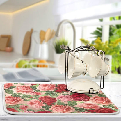 Dish Drying Mats, Kitchen Drying Mat, Absorbent Quick Drying Dish Mat Machine Washable 16 In x 18 In - Pink Red Roses Floral