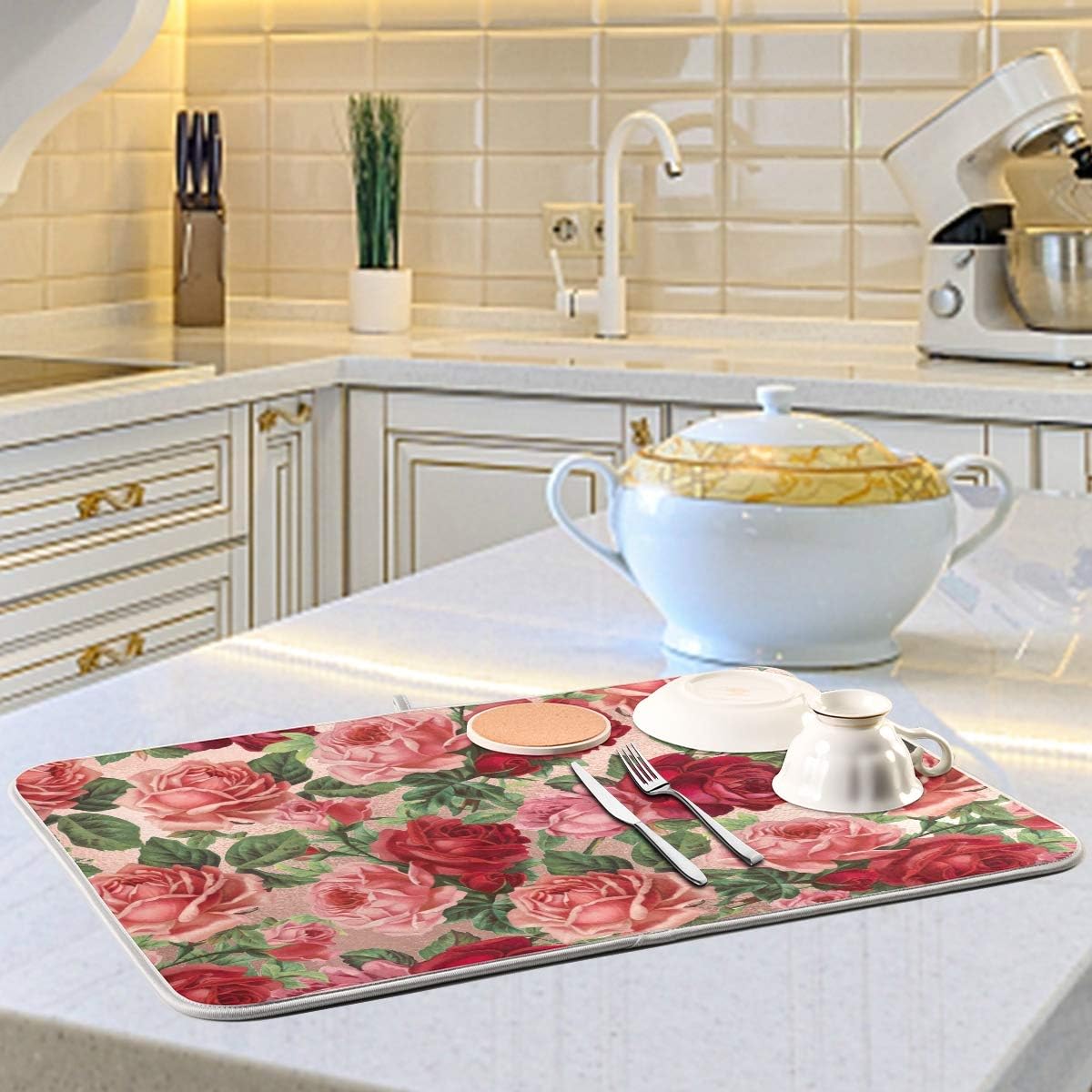 Dish Drying Mats, Kitchen Drying Mat, Absorbent Quick Drying Dish Mat Machine Washable 16 In x 18 In - Pink Red Roses Floral