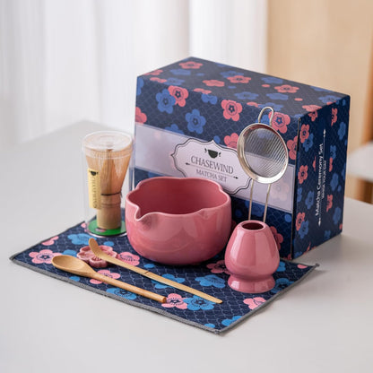 Matcha Set, 8Pcs Floral Ceramic Matcha Kit with Matcha Whisk