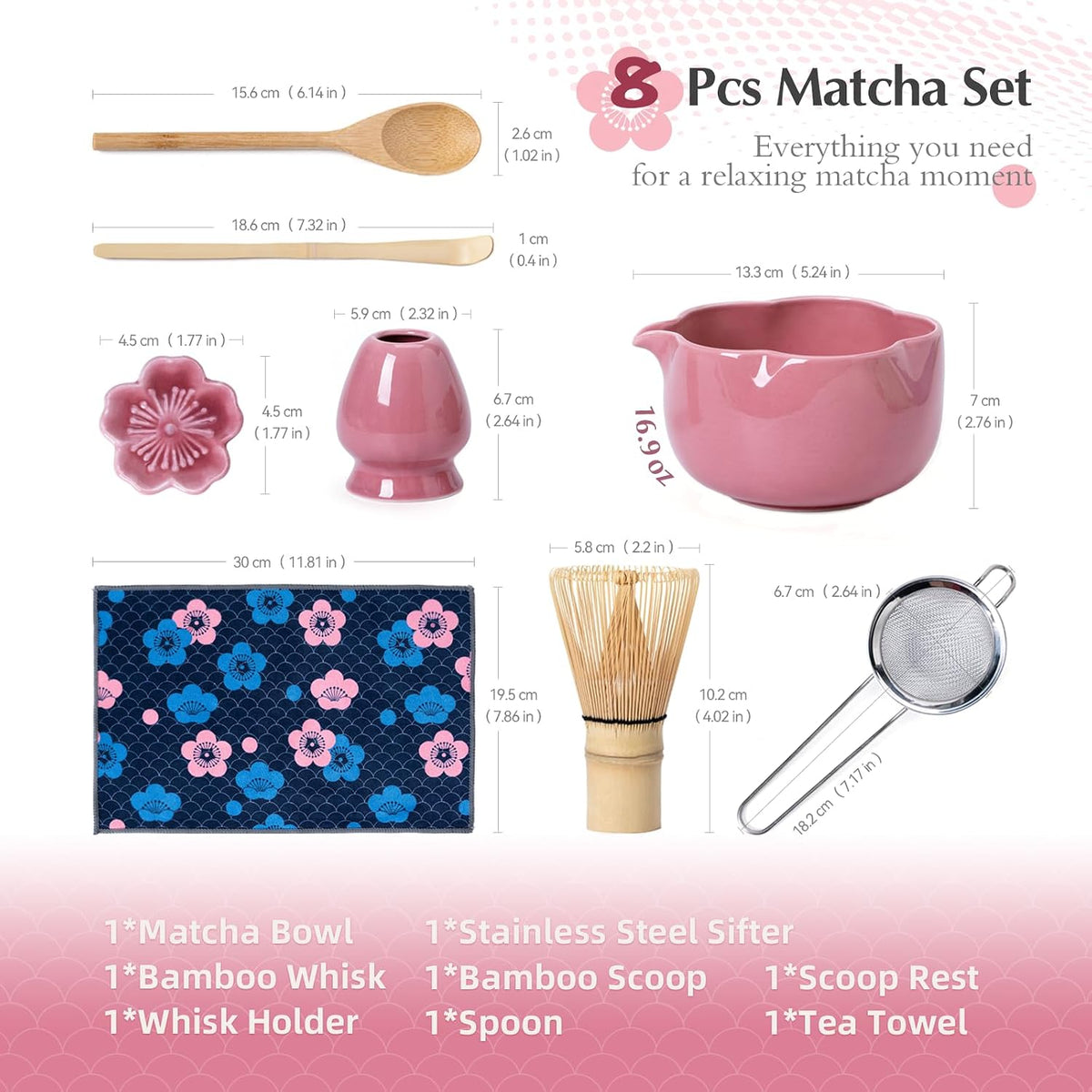 Matcha Set, 8Pcs Floral Ceramic Matcha Kit with Matcha Whisk