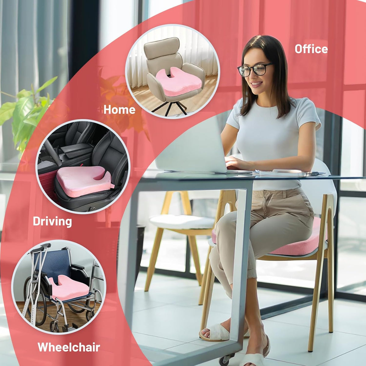 Large Memory Seat Cushion,Car Seat Cushion are Used to Relieve Sciatica, Suitable for Offices, Cars, Wheelchairs, Multi-Purpose (Pink)