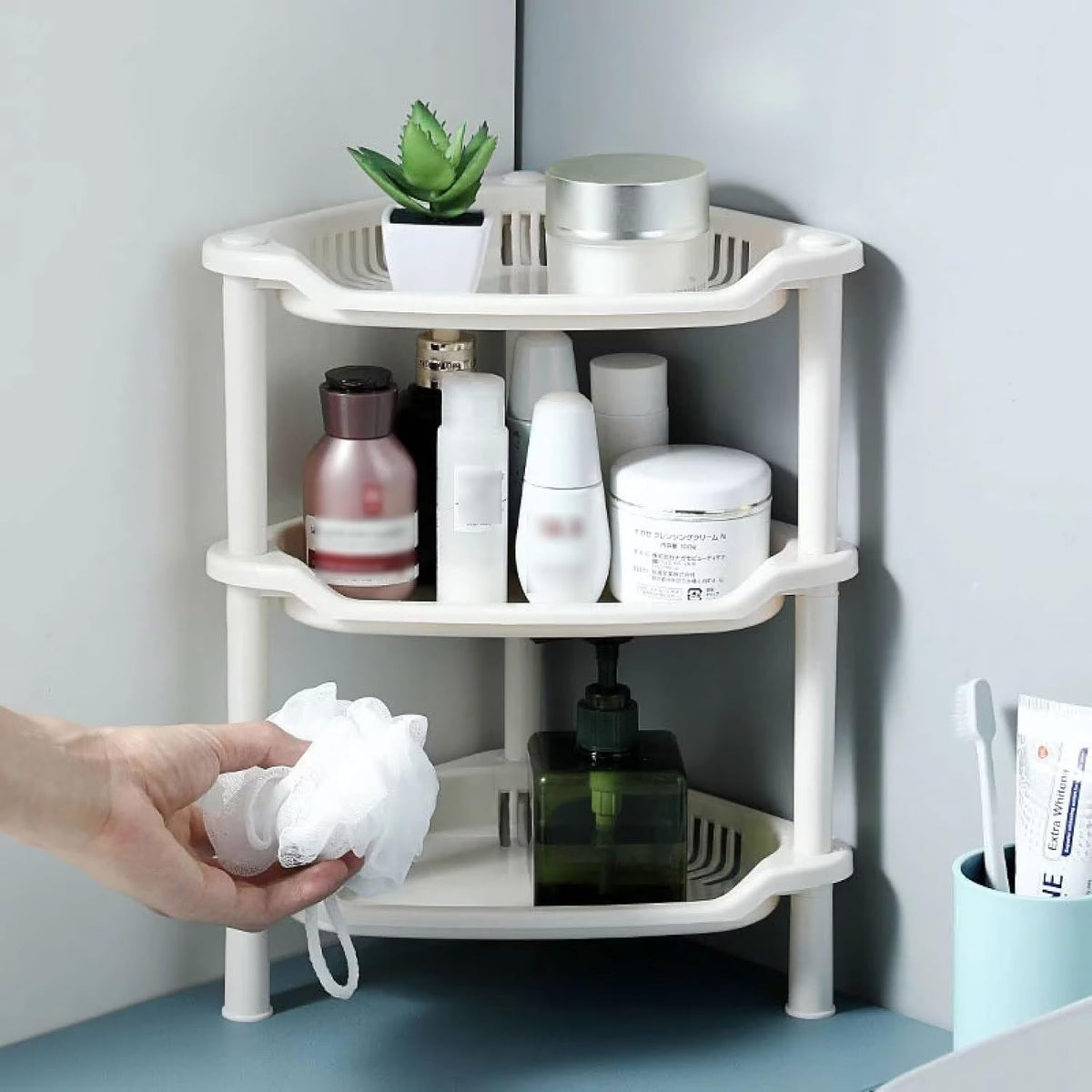 3 Tier Shower Caddy Organizer Shelf Corner, Pink Plastic Countertop Shelf Multifunctional Hollow Out Desktop Rack Cosmetic Storage Holder Organizer for Bathroom Kitchen Dresser