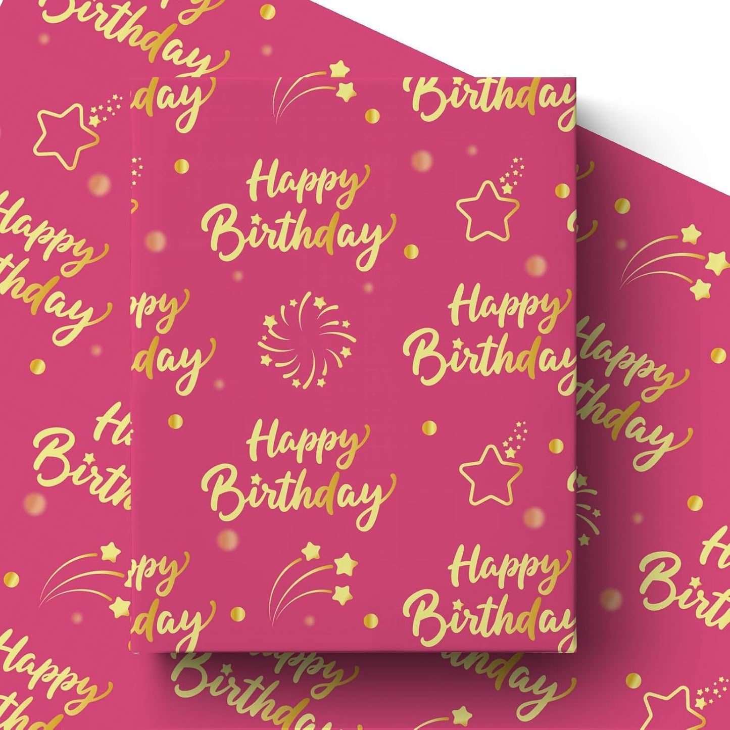Hot Pink Gold Birthday Wrapping Paper Roll for Girls Women, Pink and Gold Gift Wrap Paper, Gold Star and Dot Design Gift Packing Paper Art Paper for Birthday Party, 17Inch x 16.5Feet