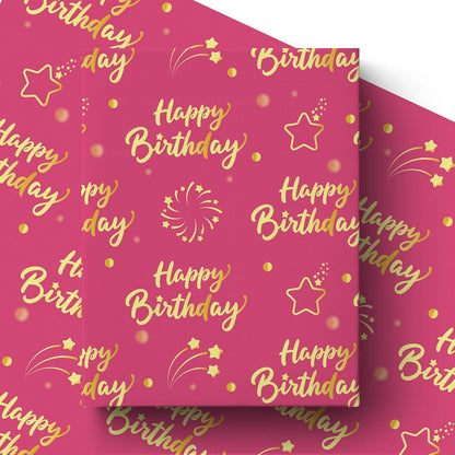 Hot Pink Gold Birthday Wrapping Paper Roll for Girls Women, Pink and Gold Gift Wrap Paper, Gold Star and Dot Design Gift Packing Paper Art Paper for Birthday Party, 17Inch x 16.5Feet