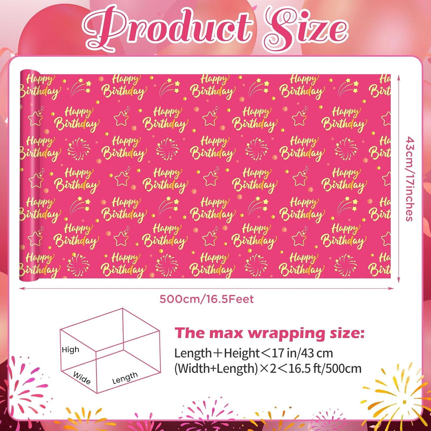 Hot Pink Gold Birthday Wrapping Paper Roll for Girls Women, Pink and Gold Gift Wrap Paper, Gold Star and Dot Design Gift Packing Paper Art Paper for Birthday Party, 17Inch x 16.5Feet