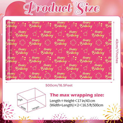 Hot Pink Gold Birthday Wrapping Paper Roll for Girls Women, Pink and Gold Gift Wrap Paper, Gold Star and Dot Design Gift Packing Paper Art Paper for Birthday Party, 17Inch x 16.5Feet