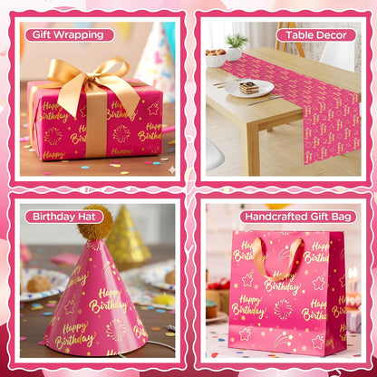 Hot Pink Gold Birthday Wrapping Paper Roll for Girls Women, Pink and Gold Gift Wrap Paper, Gold Star and Dot Design Gift Packing Paper Art Paper for Birthday Party, 17Inch x 16.5Feet
