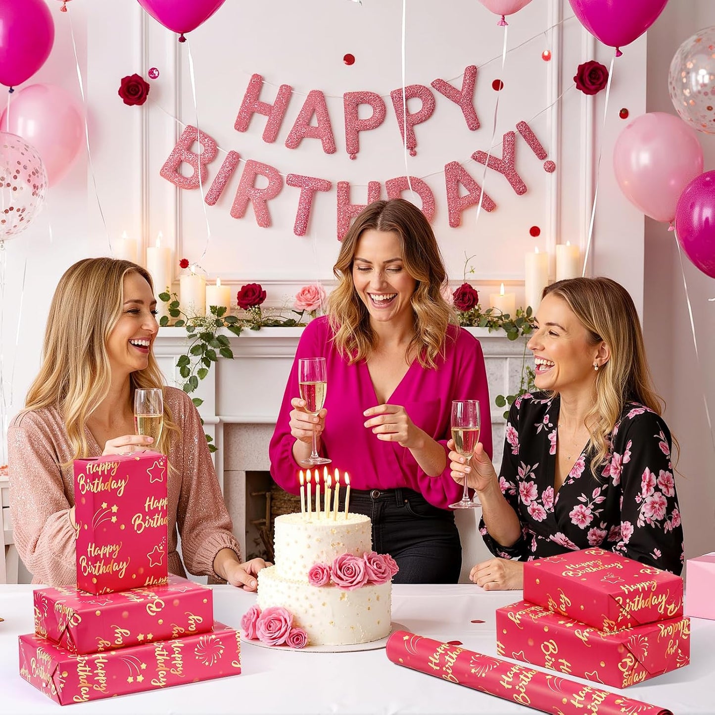 Hot Pink Gold Birthday Wrapping Paper Roll for Girls Women, Pink and Gold Gift Wrap Paper, Gold Star and Dot Design Gift Packing Paper Art Paper for Birthday Party, 17Inch x 16.5Feet