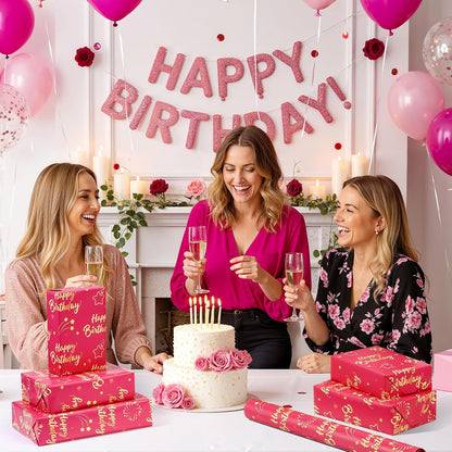 Hot Pink Gold Birthday Wrapping Paper Roll for Girls Women, Pink and Gold Gift Wrap Paper, Gold Star and Dot Design Gift Packing Paper Art Paper for Birthday Party, 17Inch x 16.5Feet