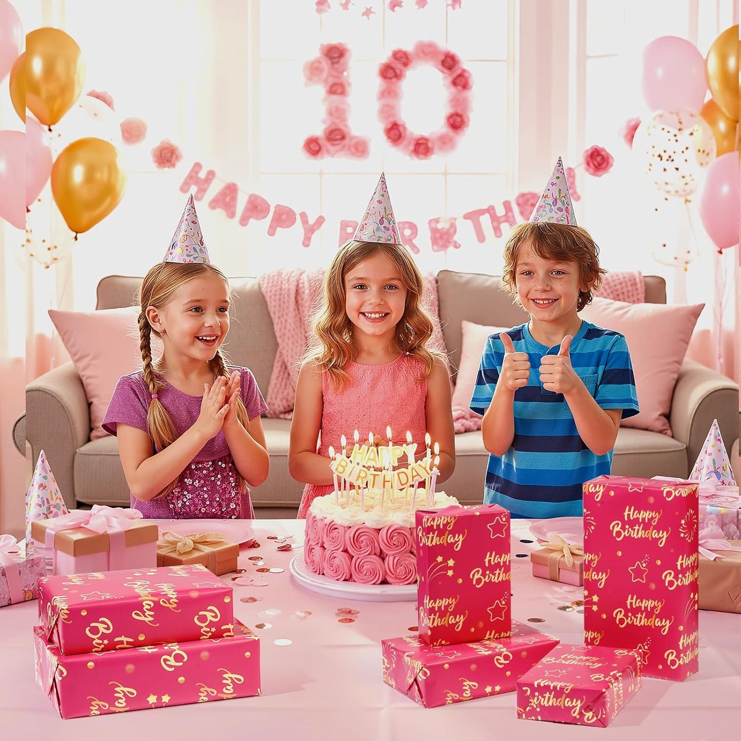 Hot Pink Gold Birthday Wrapping Paper Roll for Girls Women, Pink and Gold Gift Wrap Paper, Gold Star and Dot Design Gift Packing Paper Art Paper for Birthday Party, 17Inch x 16.5Feet