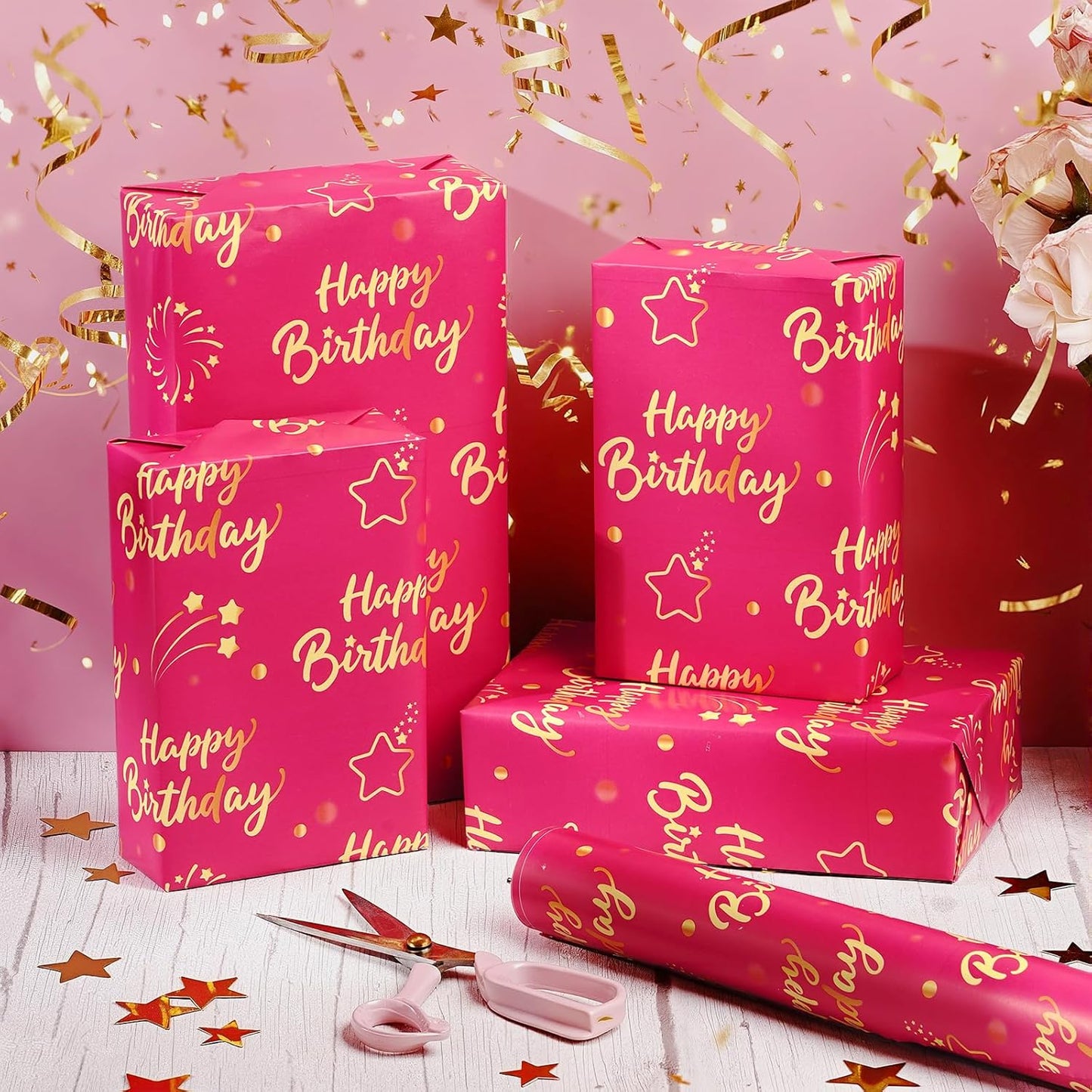 Hot Pink Gold Birthday Wrapping Paper Roll for Girls Women, Pink and Gold Gift Wrap Paper, Gold Star and Dot Design Gift Packing Paper Art Paper for Birthday Party, 17Inch x 16.5Feet