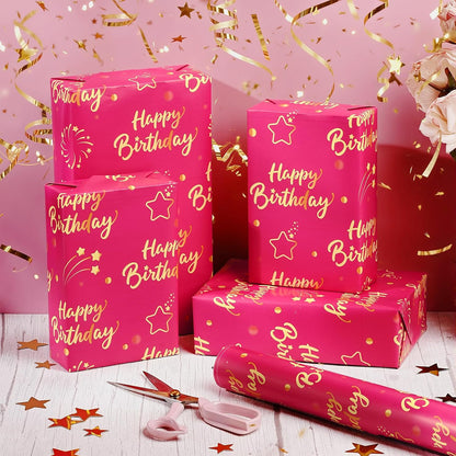 Hot Pink Gold Birthday Wrapping Paper Roll for Girls Women, Pink and Gold Gift Wrap Paper, Gold Star and Dot Design Gift Packing Paper Art Paper for Birthday Party, 17Inch x 16.5Feet