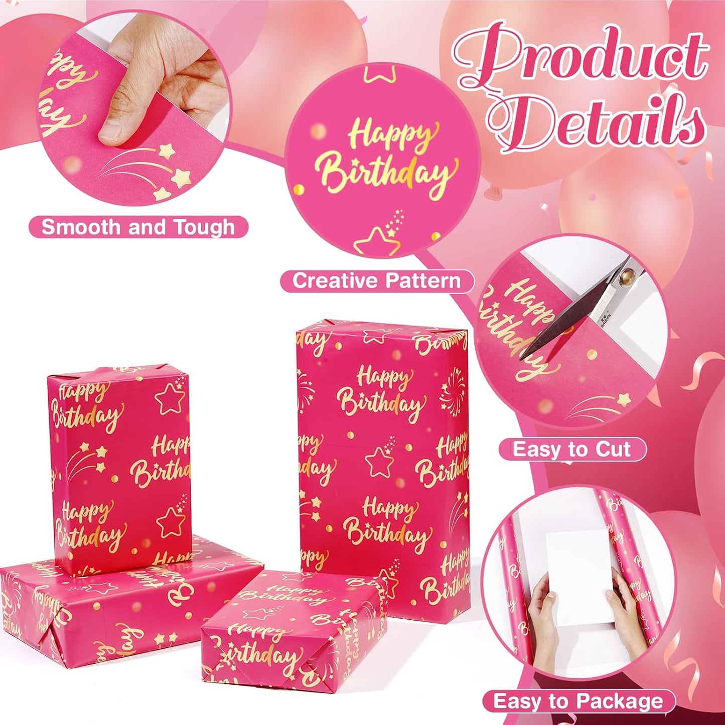 Hot Pink Gold Birthday Wrapping Paper Roll for Girls Women, Pink and Gold Gift Wrap Paper, Gold Star and Dot Design Gift Packing Paper Art Paper for Birthday Party, 17Inch x 16.5Feet
