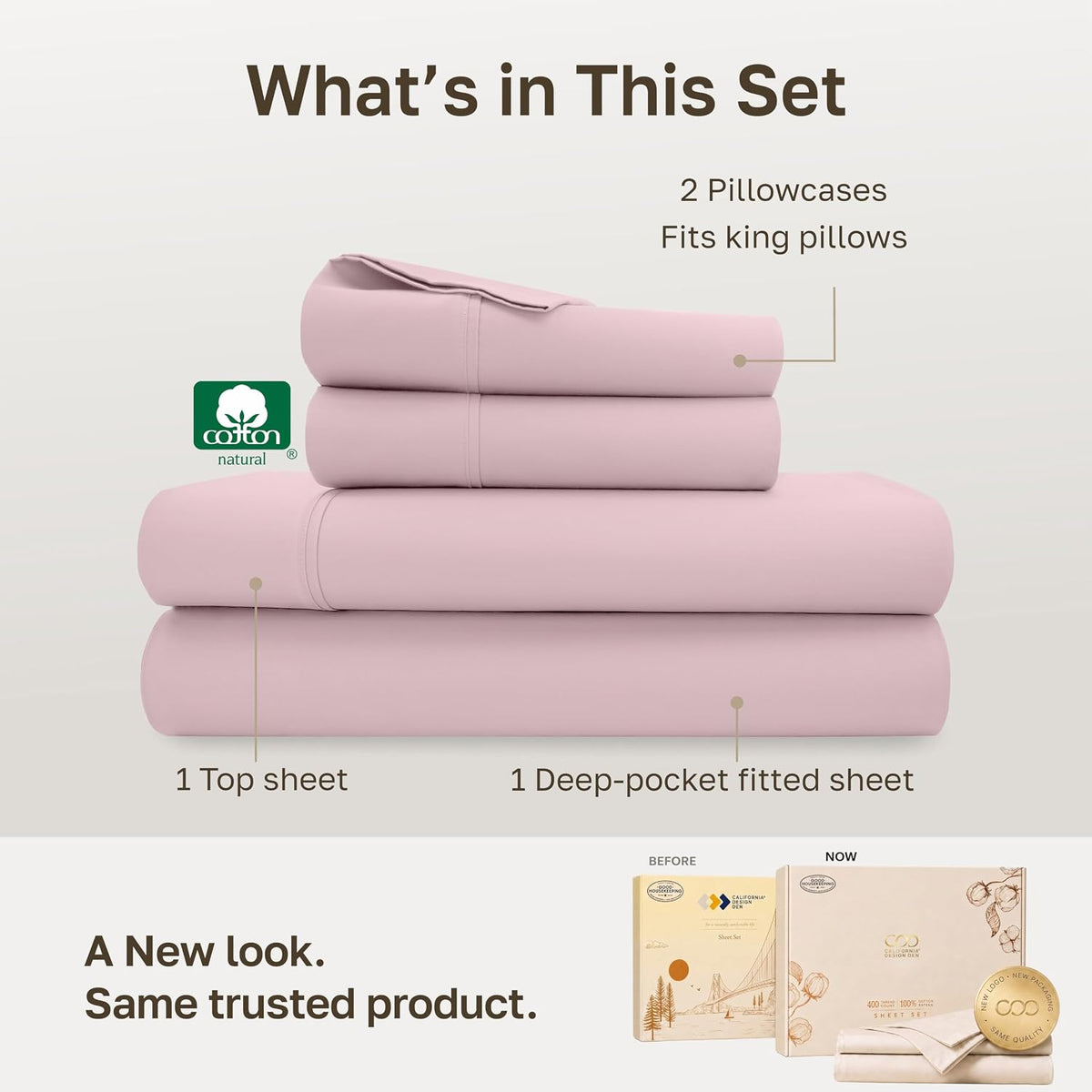 Soft 100% Cotton Sateen King Size Bedsheets Set, Pink