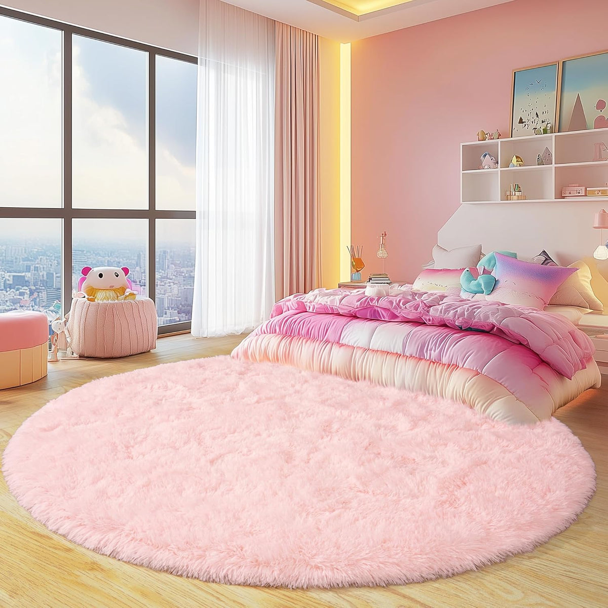 Round Fluffy Rugs 5Ft for Girls Bedroom, Pink Shag Circle Kids Rug Non-Slip for Bedside Dorm Nursery Playroom, Soft Cute Area Rugs for Living Room Decor