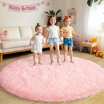 Round Fluffy Rugs 5Ft for Girls Bedroom, Pink Shag Circle Kids Rug Non-Slip for Bedside Dorm Nursery Playroom, Soft Cute Area Rugs for Living Room Decor