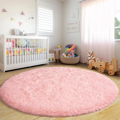 Round Fluffy Rugs 5Ft for Girls Bedroom, Pink Shag Circle Kids Rug Non-Slip for Bedside Dorm Nursery Playroom, Soft Cute Area Rugs for Living Room Decor