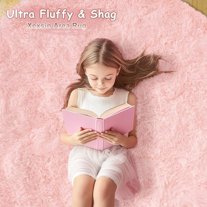 Round Fluffy Rugs 5Ft for Girls Bedroom, Pink Shag Circle Kids Rug Non-Slip for Bedside Dorm Nursery Playroom, Soft Cute Area Rugs for Living Room Decor