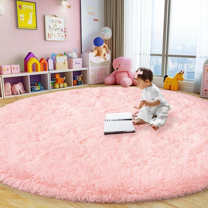 Round Fluffy Rugs 5Ft for Girls Bedroom, Pink Shag Circle Kids Rug Non-Slip for Bedside Dorm Nursery Playroom, Soft Cute Area Rugs for Living Room Decor