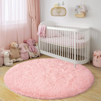 Round Fluffy Rugs 5Ft for Girls Bedroom, Pink Shag Circle Kids Rug Non-Slip for Bedside Dorm Nursery Playroom, Soft Cute Area Rugs for Living Room Decor