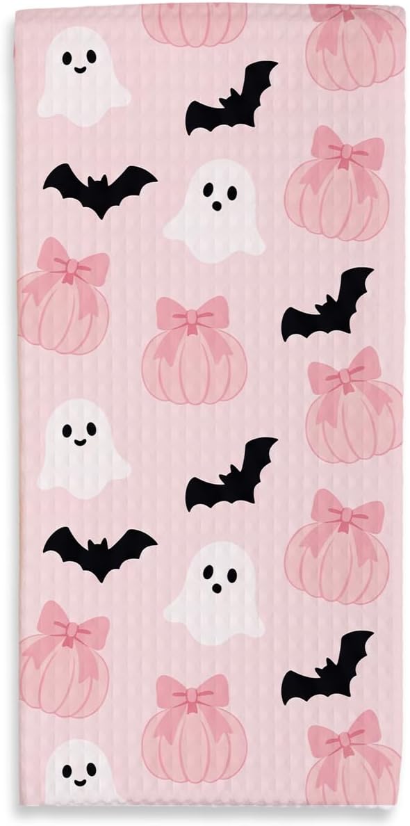 Halloween Kitchen Towel, 16 x 24 Inches Pink Ghost Bat Dish Towel, Absorbent Decorative Hand Towels for Kitchen, Bathroom, Holiday Home Decor, for Family & Friends - C01
