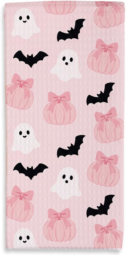 Halloween Kitchen Towel, 16 x 24 Inches Pink Ghost Bat Dish Towel, Absorbent Decorative Hand Towels for Kitchen, Bathroom, Holiday Home Decor, for Family & Friends - C01
