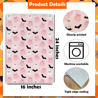 Halloween Kitchen Towel, 16 x 24 Inches Pink Ghost Bat Dish Towel, Absorbent Decorative Hand Towels for Kitchen, Bathroom, Holiday Home Decor, for Family & Friends - C01