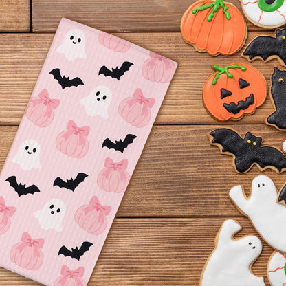 Halloween Kitchen Towel, 16 x 24 Inches Pink Ghost Bat Dish Towel, Absorbent Decorative Hand Towels for Kitchen, Bathroom, Holiday Home Decor, for Family & Friends - C01